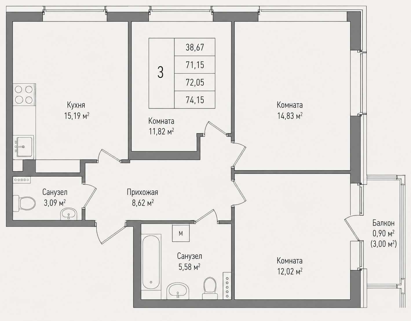 3-комнатная 71,2 м²