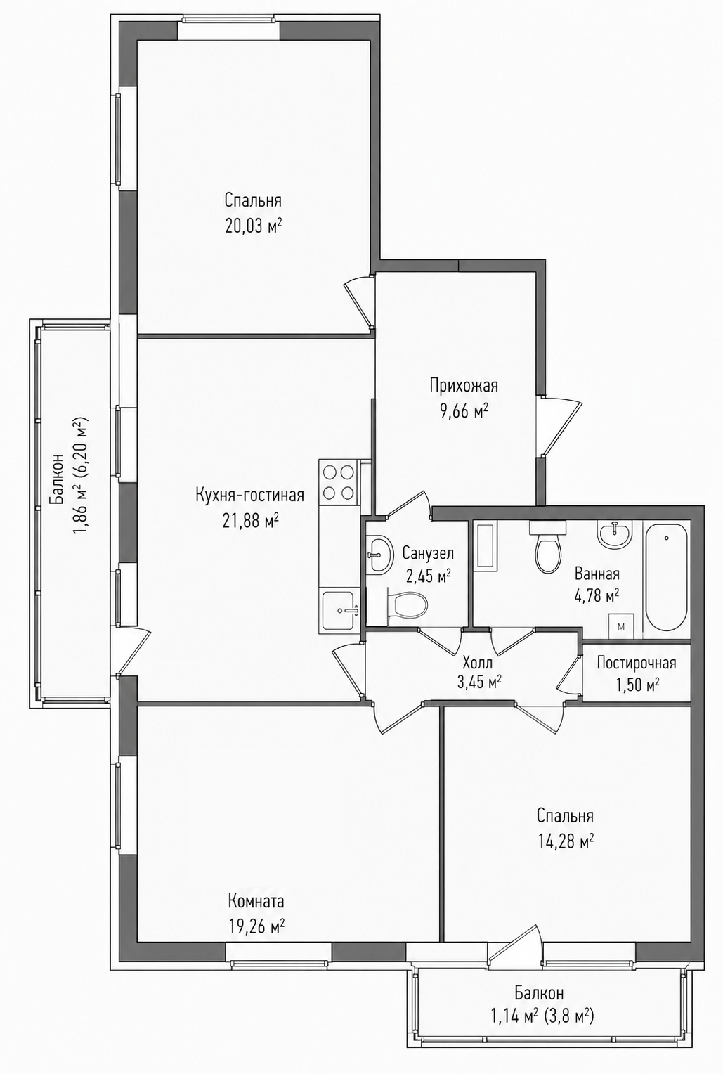 3-комнатная 100,3 м²