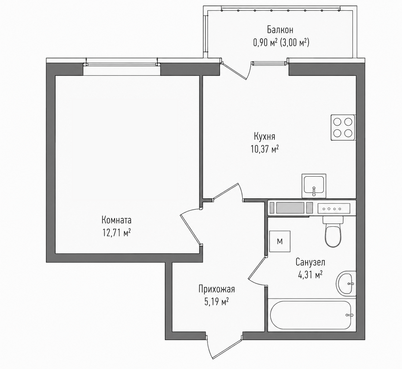 1-комнатная 33,5 м²