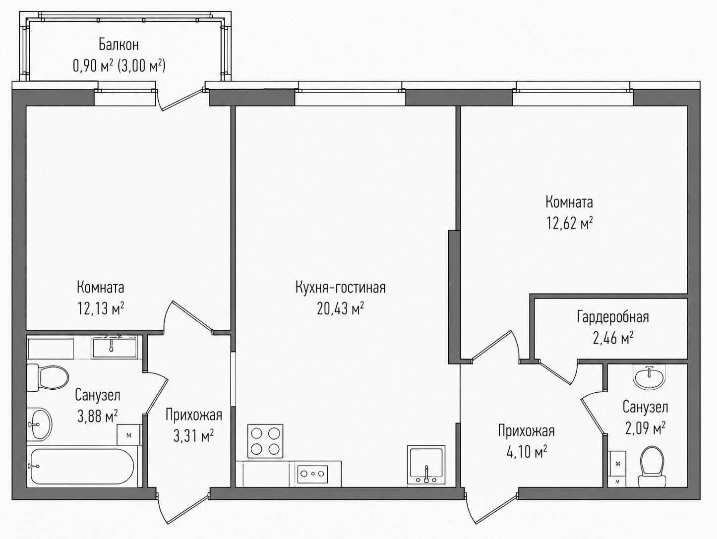 2-комнатная 61,7 м²