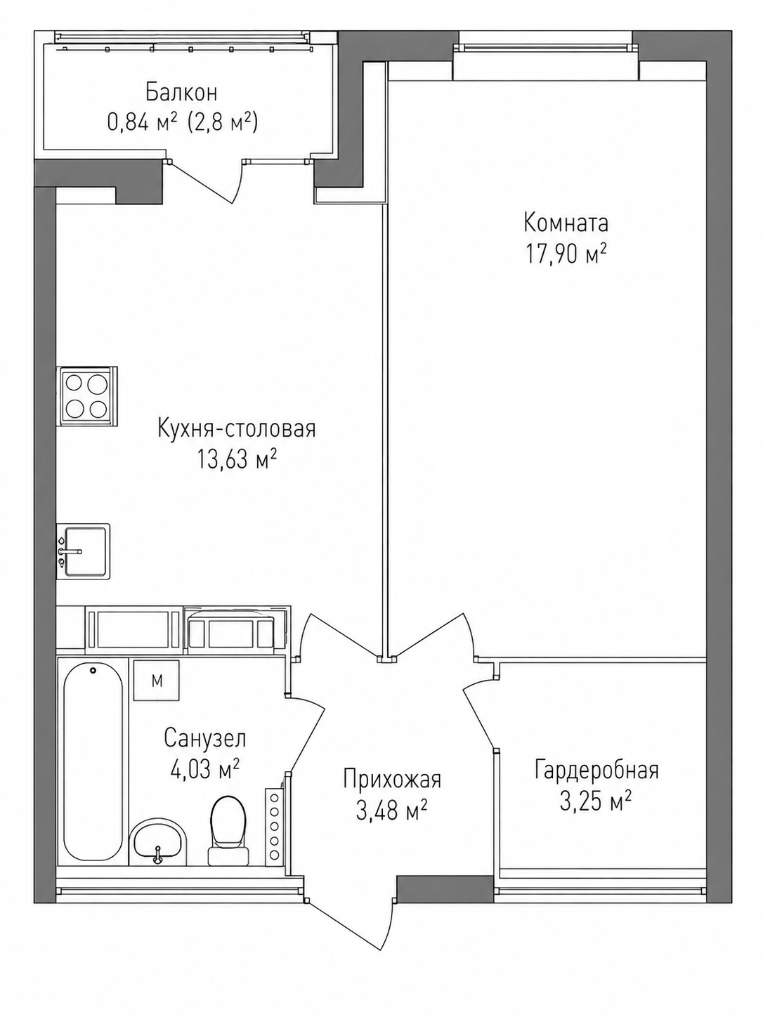 1-комнатная 43,1 м²