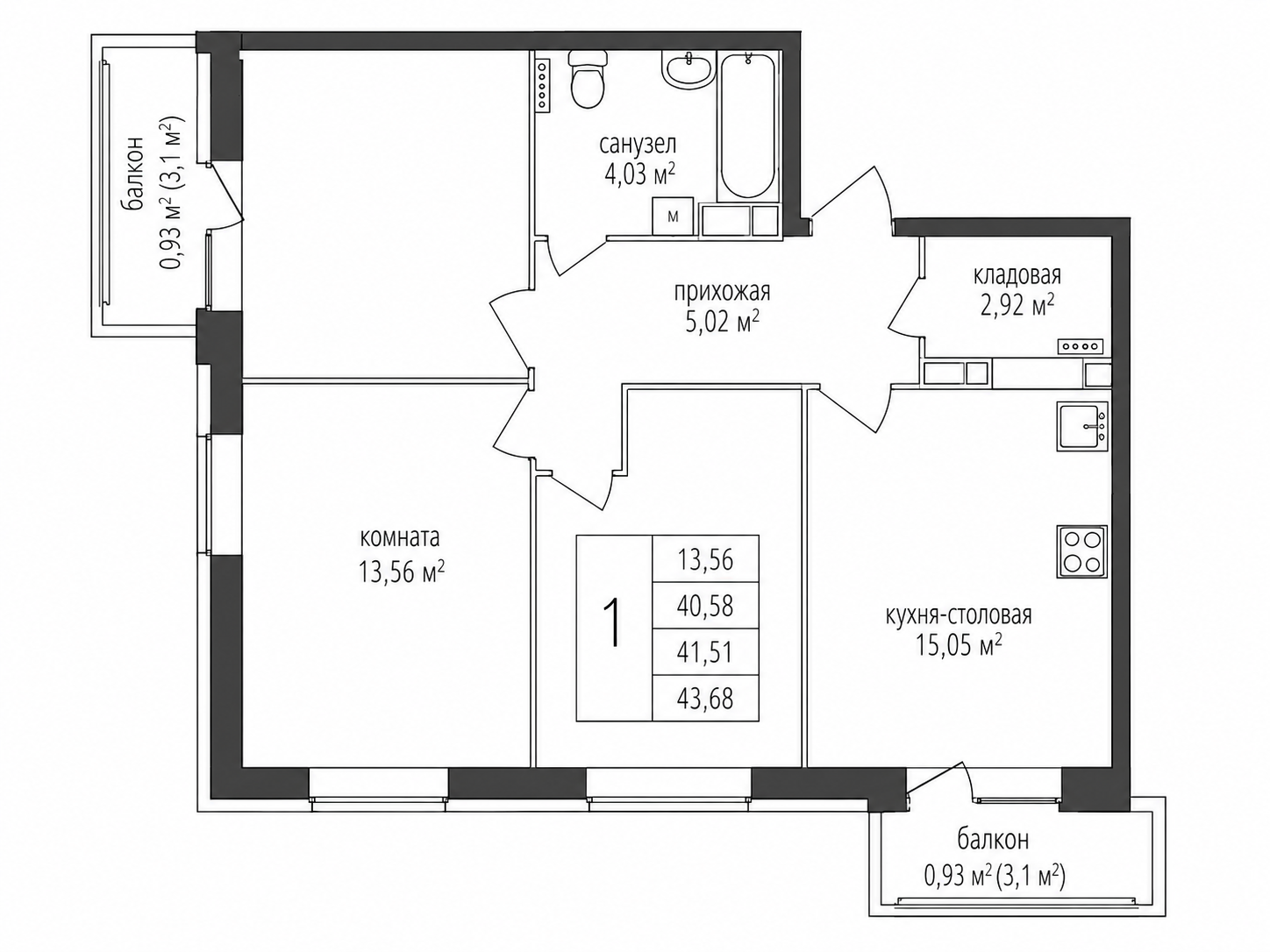 3-комнатная 73 м²