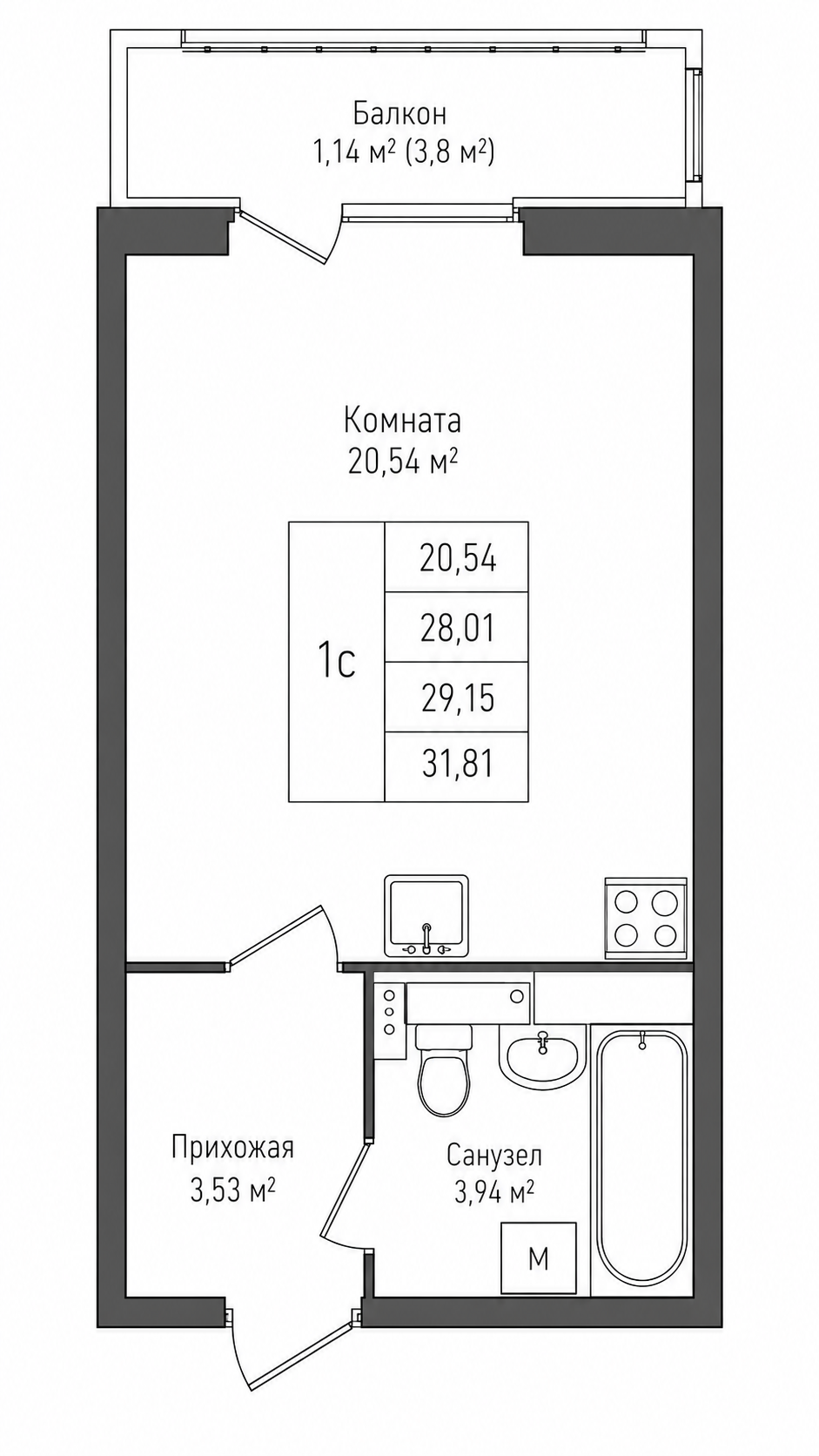 Студия 29,2 м²